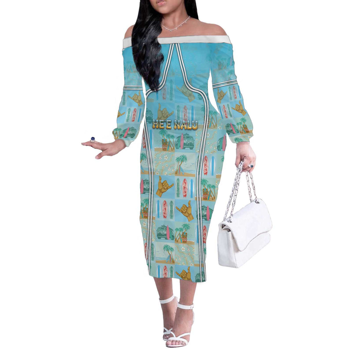 Custom Hawaii Surfing Off The Shoulder Long Sleeve Dress He'e Nalu