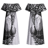 Personalised New Zealand Father's Day Couples Matching Off Shoulder Maxi Dress and Long Sleeve Button Shirt Papa Kiwi Bird Tribal Pattern DT05 - Polynesian Pride