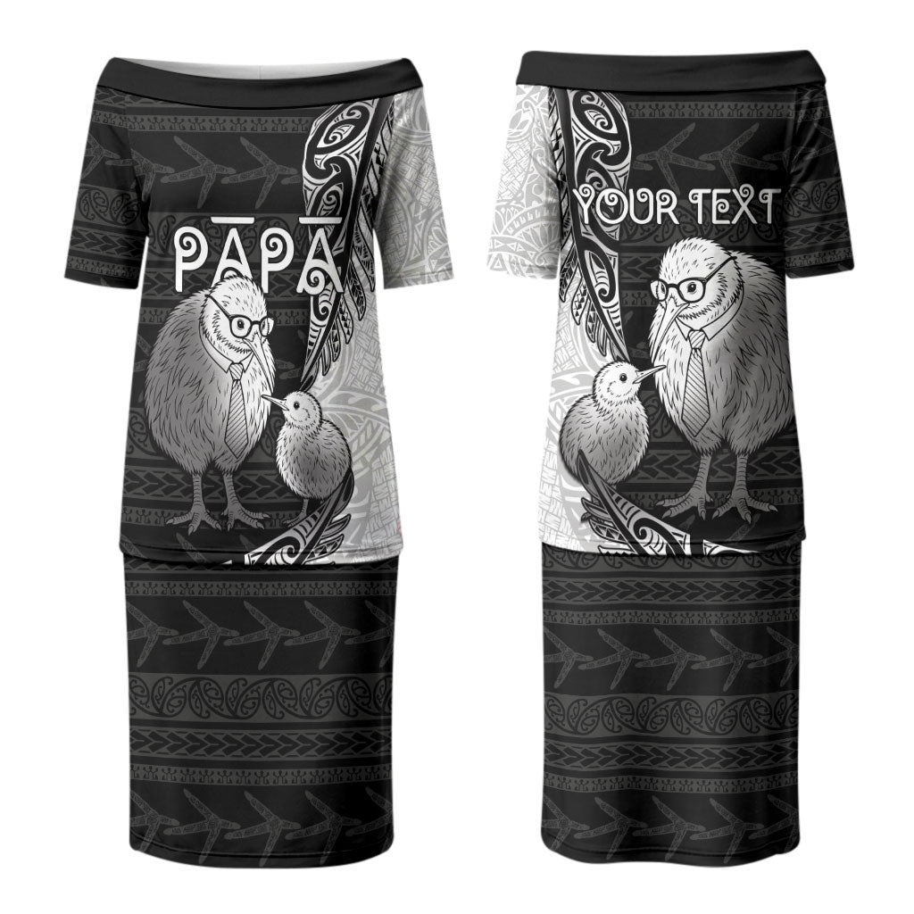 Personalised New Zealand Father's Day Couples Matching Puletasi and Long Sleeve Button Shirt Papa Kiwi Bird Tribal Pattern DT05 - Polynesian Pride