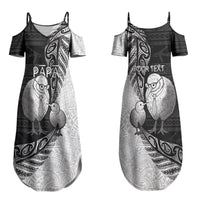 Personalised New Zealand Father's Day Couples Matching Summer Maxi Dress and Long Sleeve Button Shirt Papa Kiwi Bird Tribal Pattern DT05 - Polynesian Pride
