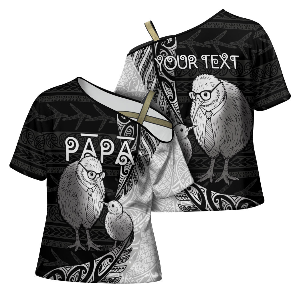 Personalised New Zealand Father's Day Cross Shoulder Shirt Papa Kiwi Bird Tribal Pattern DT05 - Polynesian Pride