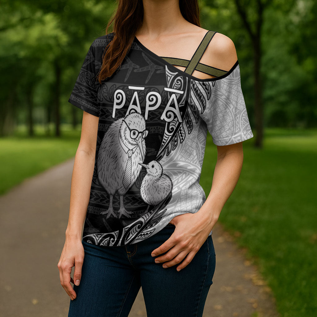 Personalised New Zealand Father's Day Cross Shoulder Shirt Papa Kiwi Bird Tribal Pattern DT05 - Polynesian Pride