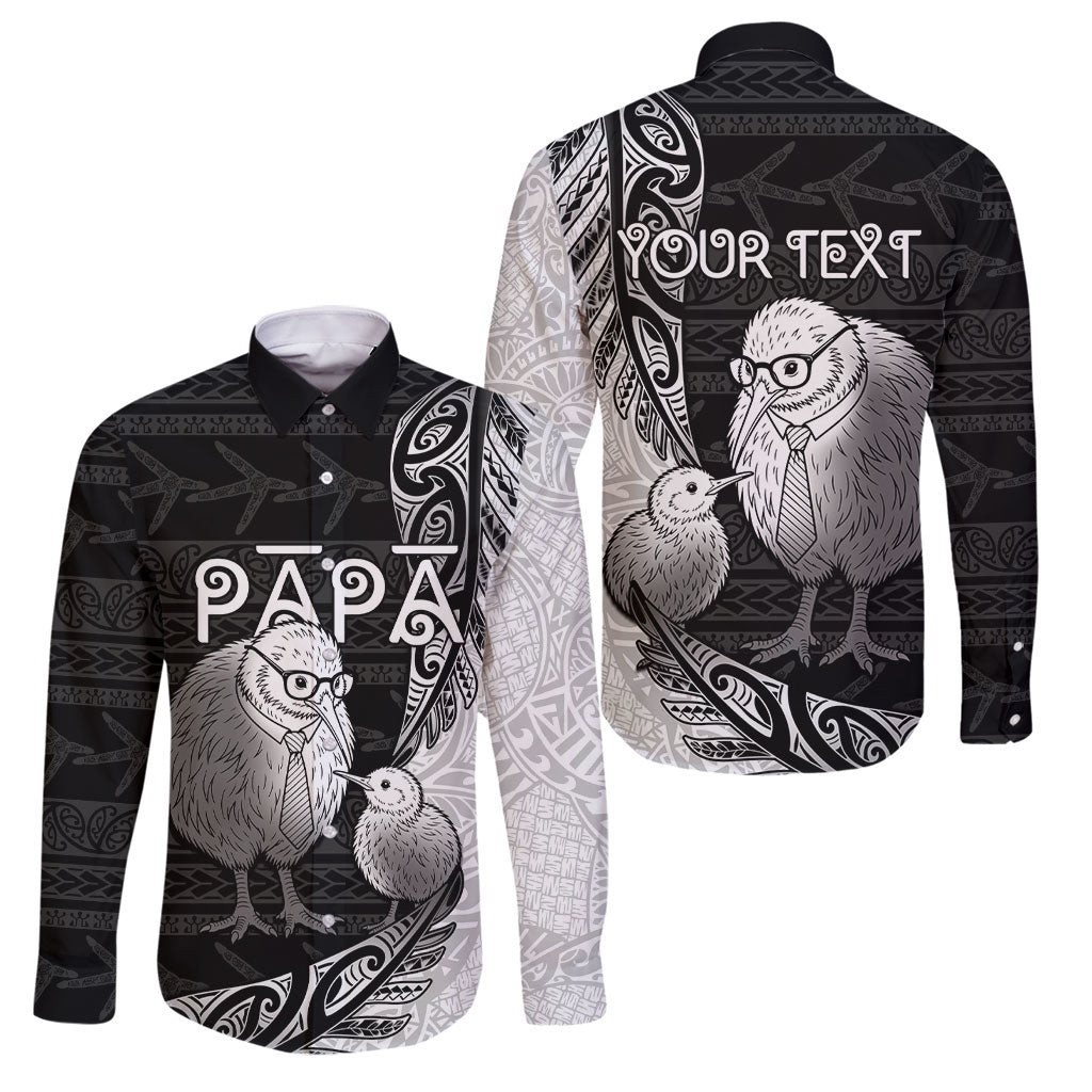 Personalised New Zealand Father's Day Family Matching Tank Maxi Dress and Hawaiian Shirt Papa Kiwi Bird Tribal Pattern DT05 Dad's Shirt - Long Sleeve Black - Polynesian Pride
