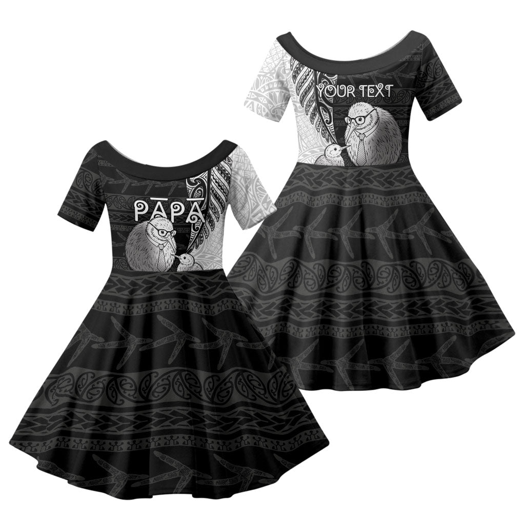 Personalised New Zealand Father's Day Family Matching Tank Maxi Dress and Hawaiian Shirt Papa Kiwi Bird Tribal Pattern DT05 Daughter's Dress Black - Polynesian Pride