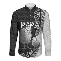 Personalised New Zealand Father's Day Long Sleeve Button Shirt Papa Kiwi Bird Tribal Pattern DT05 Unisex Black - Polynesian Pride