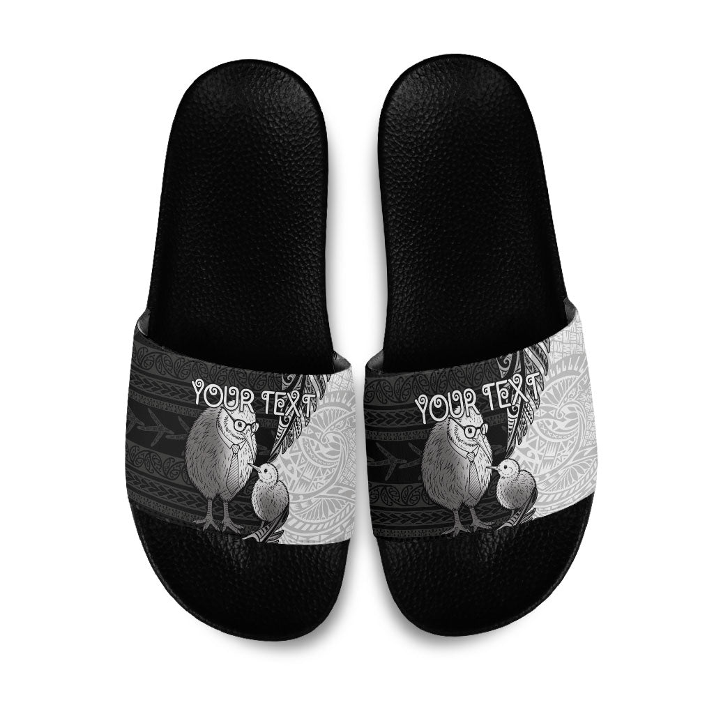 Personalised New Zealand Father's Day Slide Sandals Papa Kiwi Bird Tribal Pattern