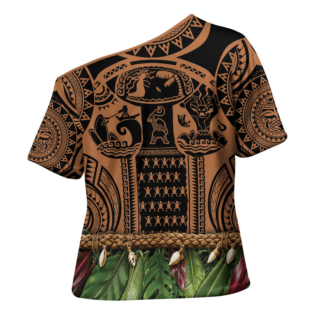 Polynesia Maui Tattoo Inspired Cross Shoulder Shirt Tropical Leaf Skirt Costume DT05 - Polynesian Pride