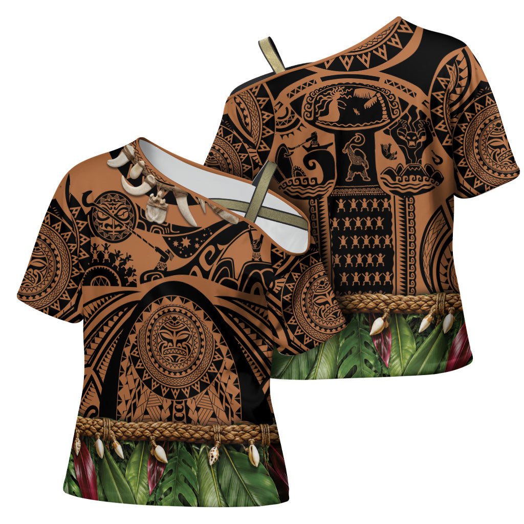 Polynesia Maui Tattoo Inspired Cross Shoulder Shirt Tropical Leaf Skirt Costume DT05 - Polynesian Pride
