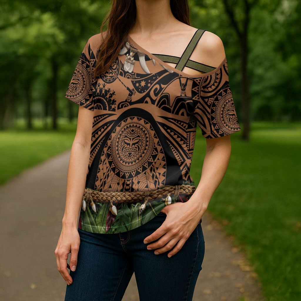 Polynesia Maui Tattoo Inspired Cross Shoulder Shirt Tropical Leaf Skirt Costume DT05 - Polynesian Pride