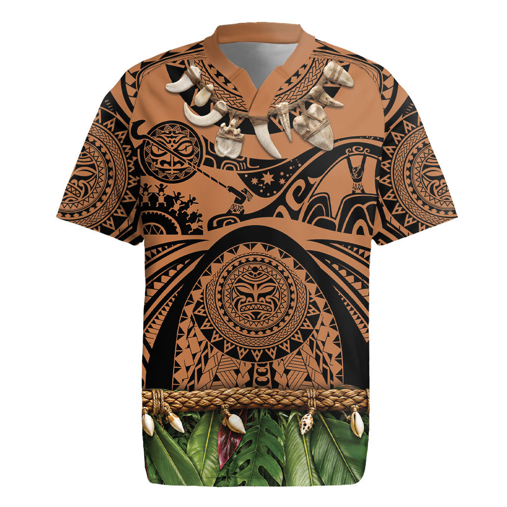 Polynesia Maui Tattoo Inspired Rugby Jersey Tropical Leaf Skirt Costume DT05 Beige - Polynesian Pride