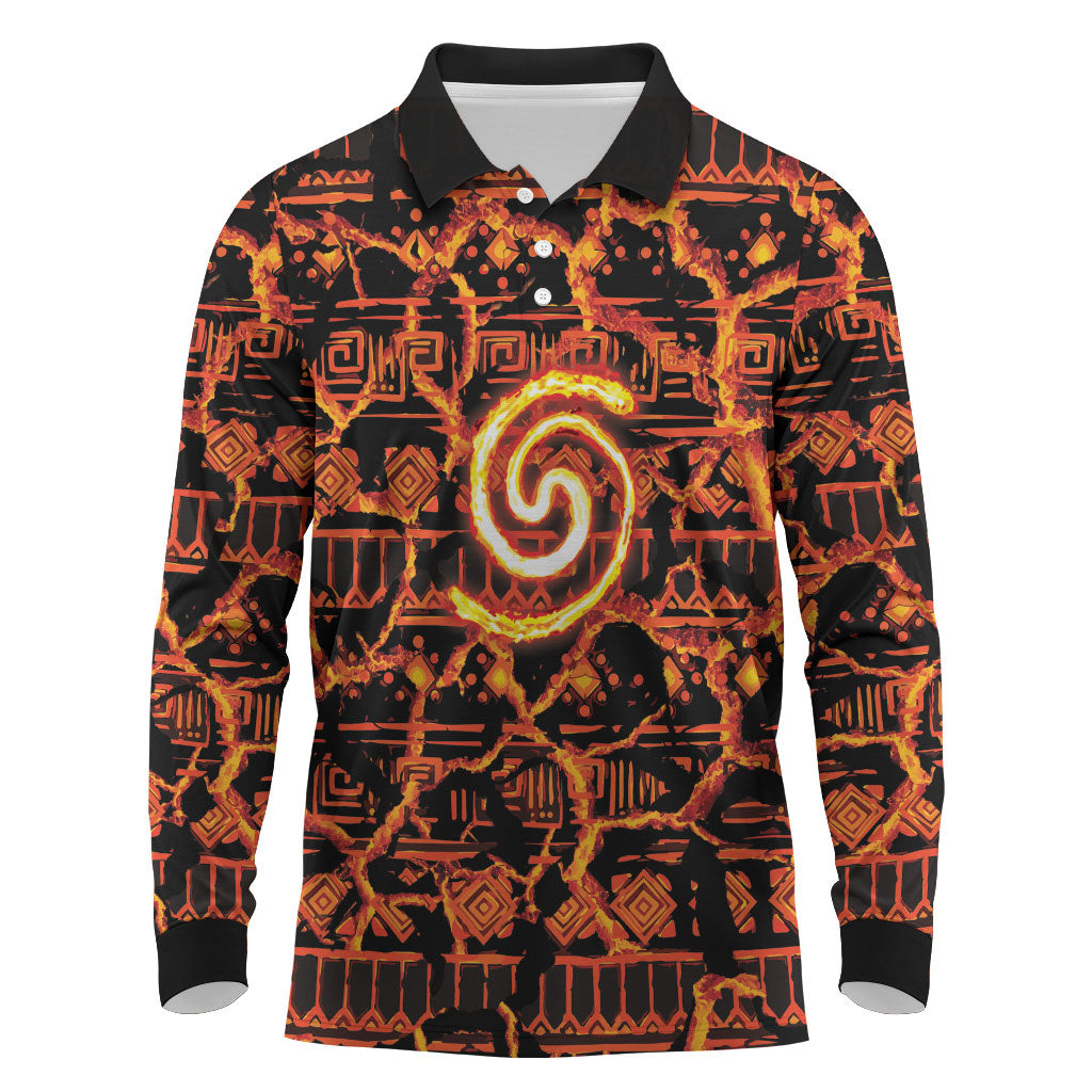 Polynesia Lava Monster Cosplay Long Sleeve Polo Shirt Fiery Glowing Volcano Crack Pattern DT05 Red - Polynesian Pride