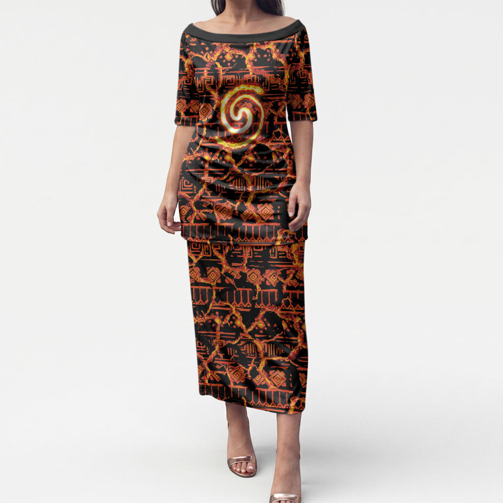 Polynesia Lava Monster Cosplay Puletasi Fiery Glowing Volcano Crack Pattern DT05 Long Dress Red - Polynesian Pride