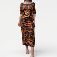 Polynesia Lava Monster Cosplay Puletasi Fiery Glowing Volcano Crack Pattern DT05 Long Dress Red - Polynesian Pride