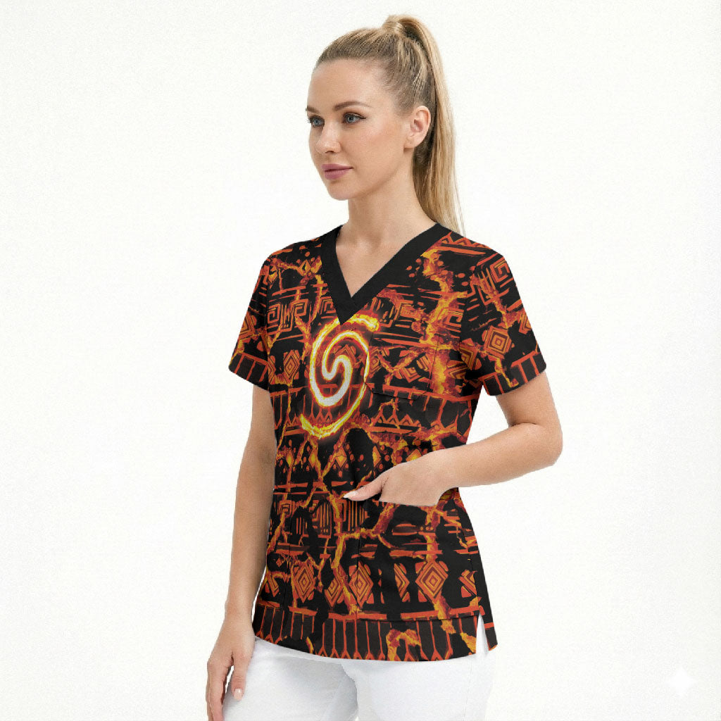 Polynesia Lava Monster Cosplay Scrub Top Fiery Glowing Volcano Crack Pattern DT05 - Polynesian Pride