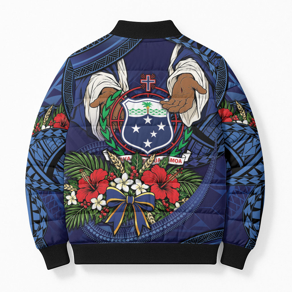 Samoa Manuia Le Kerisimasi Bomber Puffer Jacket Jesus Hands Bethlehem Star Hibiscus DT05 - Polynesian Pride