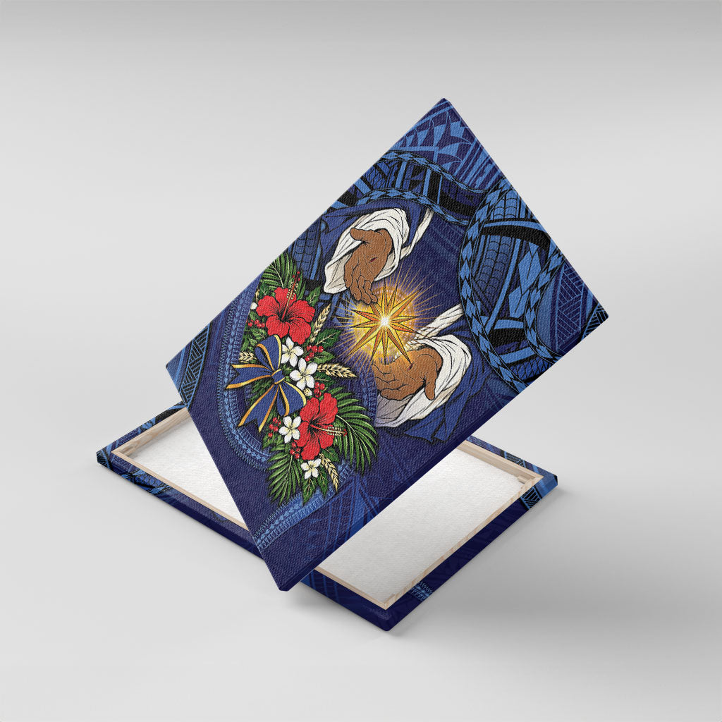 Samoa Manuia Le Kerisimasi Canvas Wall Art Jesus Hands Bethlehem Star Hibiscus DT05 With Frame Navy - Polynesian Pride