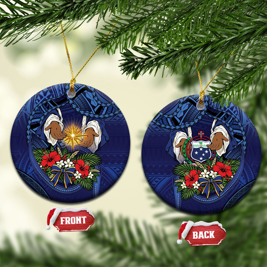 Samoa Manuia Le Kerisimasi Ceramic Ornament Jesus Hands Bethlehem Star Hibiscus DT05 Circle Navy - Polynesian Pride