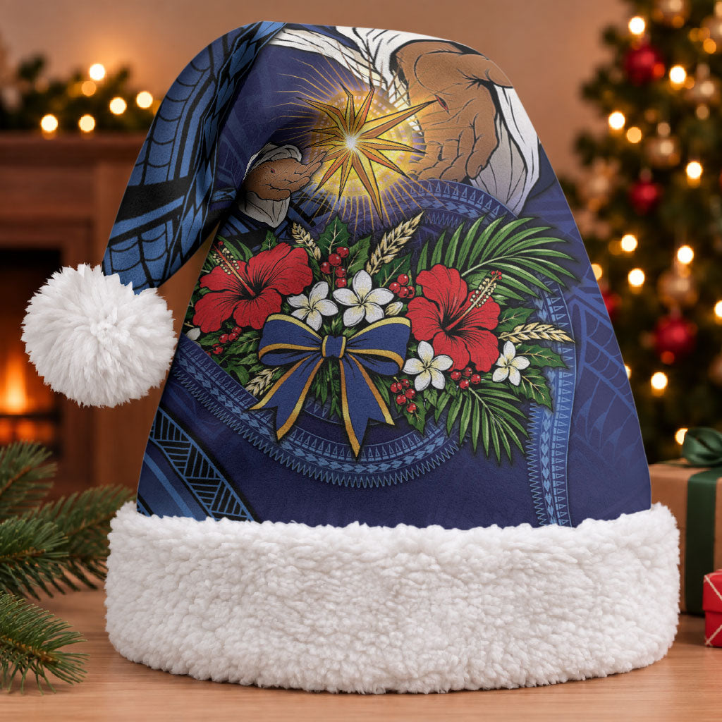 Samoa Manuia Le Kerisimasi Christmas Santa Hat Jesus Hands Bethlehem Star Hibiscus DT05 With Fur Navy - Polynesian Pride