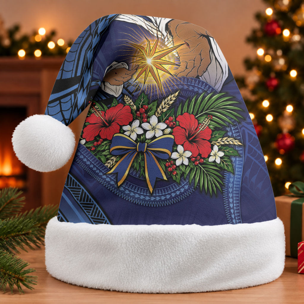 Samoa Manuia Le Kerisimasi Christmas Santa Hat Jesus Hands Bethlehem Star Hibiscus DT05 Without Fur Navy - Polynesian Pride