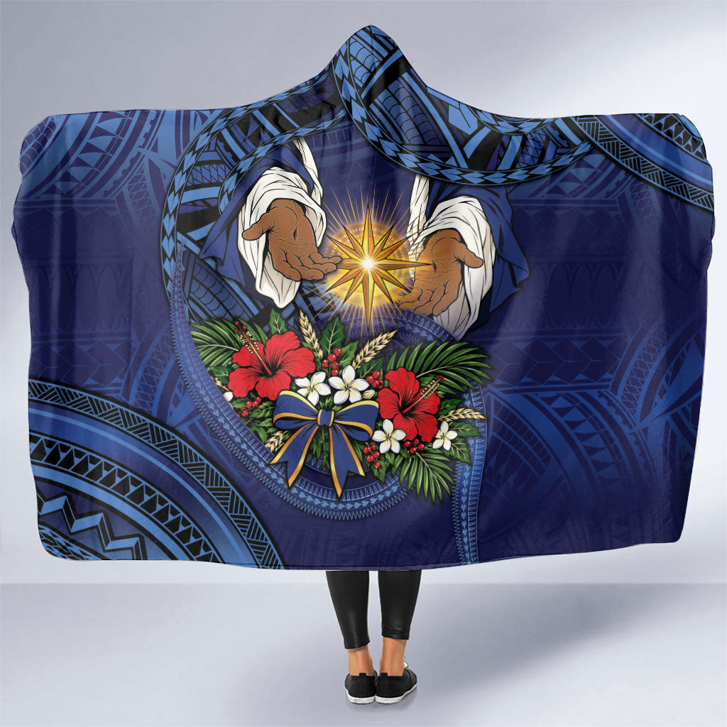 Samoa Manuia Le Kerisimasi Hooded Blanket Jesus Hands Bethlehem Star Hibiscus DT05 One Size Navy - Polynesian Pride