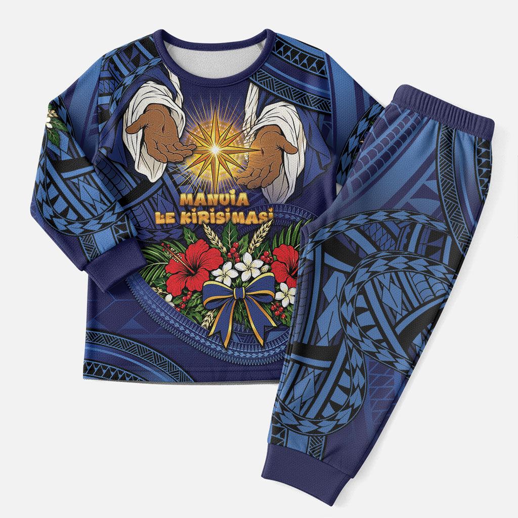 Samoa Manuia Le Kerisimasi Christmas Pajama Set Jesus Hands Bethlehem Star Hibiscus DT05 Men Navy - Polynesian Pride