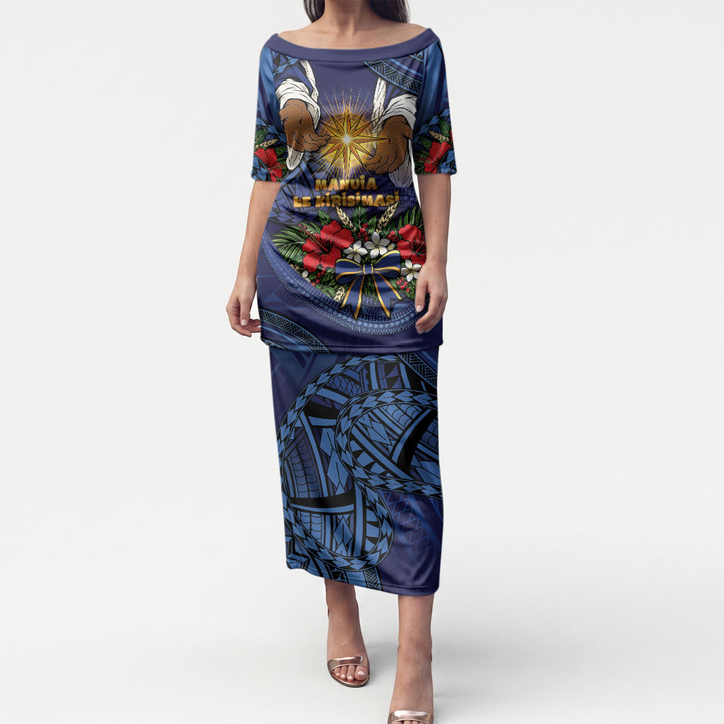 Samoa Manuia Le Kerisimasi Puletasi Jesus Hands Bethlehem Star Hibiscus DT05 Long Dress Navy - Polynesian Pride