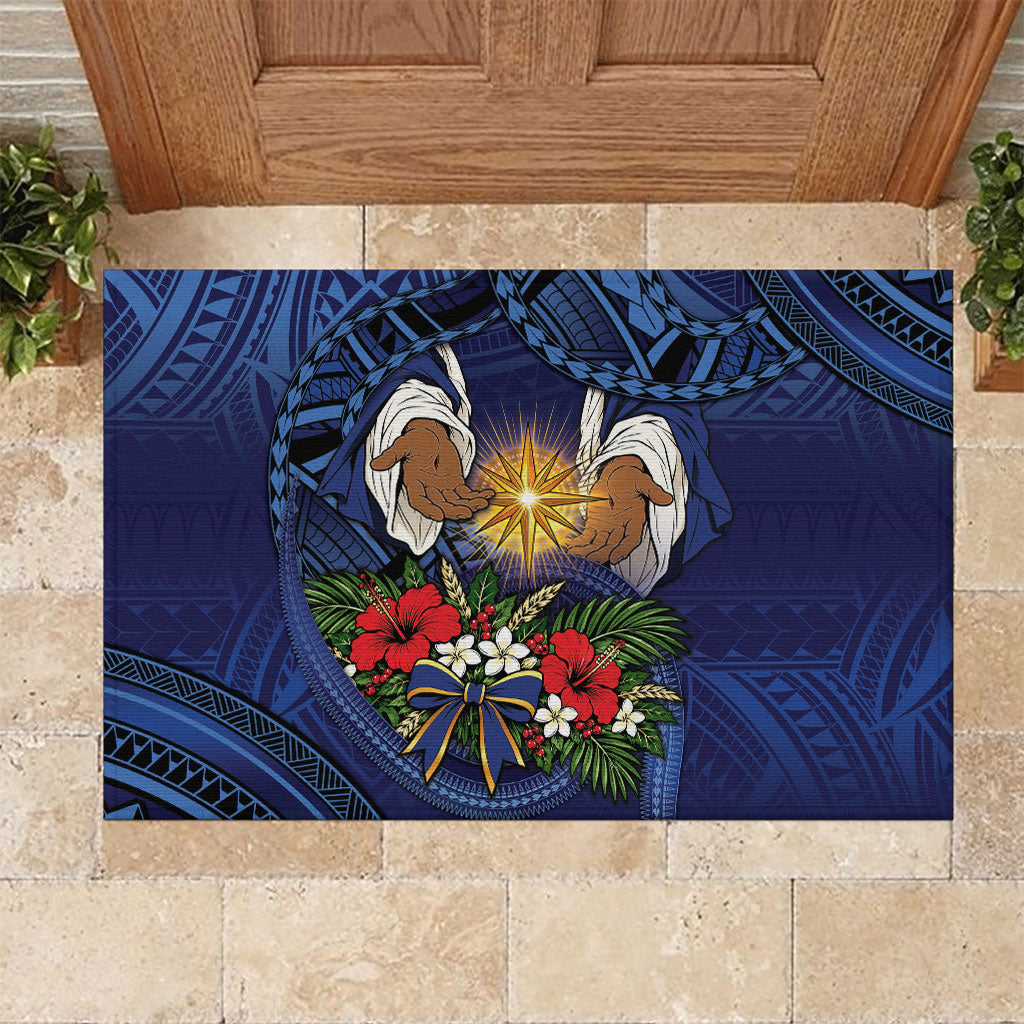 Samoa Manuia Le Kerisimasi Rubber Doormat Jesus Hands Bethlehem Star Hibiscus DT05 Navy - Polynesian Pride