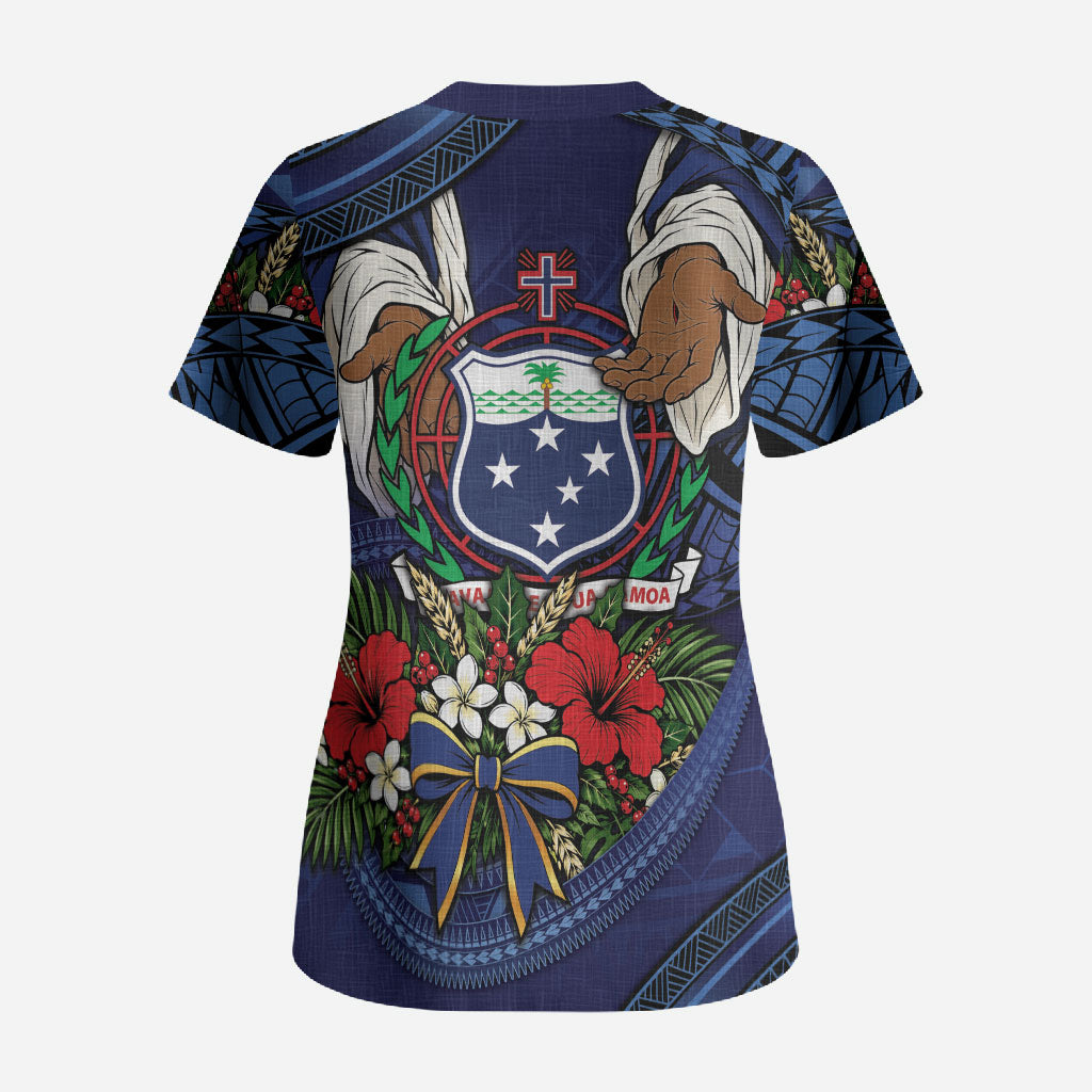 Samoa Manuia Le Kerisimasi Scrub Top Jesus Hands Bethlehem Star Hibiscus DT05 - Polynesian Pride