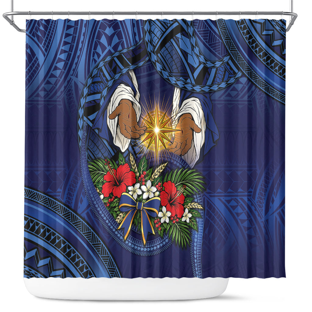 Samoa Manuia Le Kerisimasi Shower Curtain Jesus Hands Bethlehem Star Hibiscus DT05 Navy - Polynesian Pride