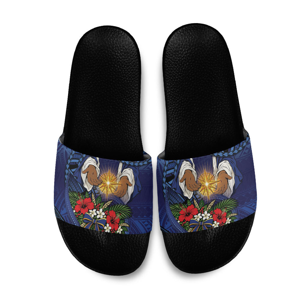 Samoa Manuia Le Kerisimasi Slide Sandals Jesus Hands Bethlehem Star Hibiscus DT05 Navy - Polynesian Pride