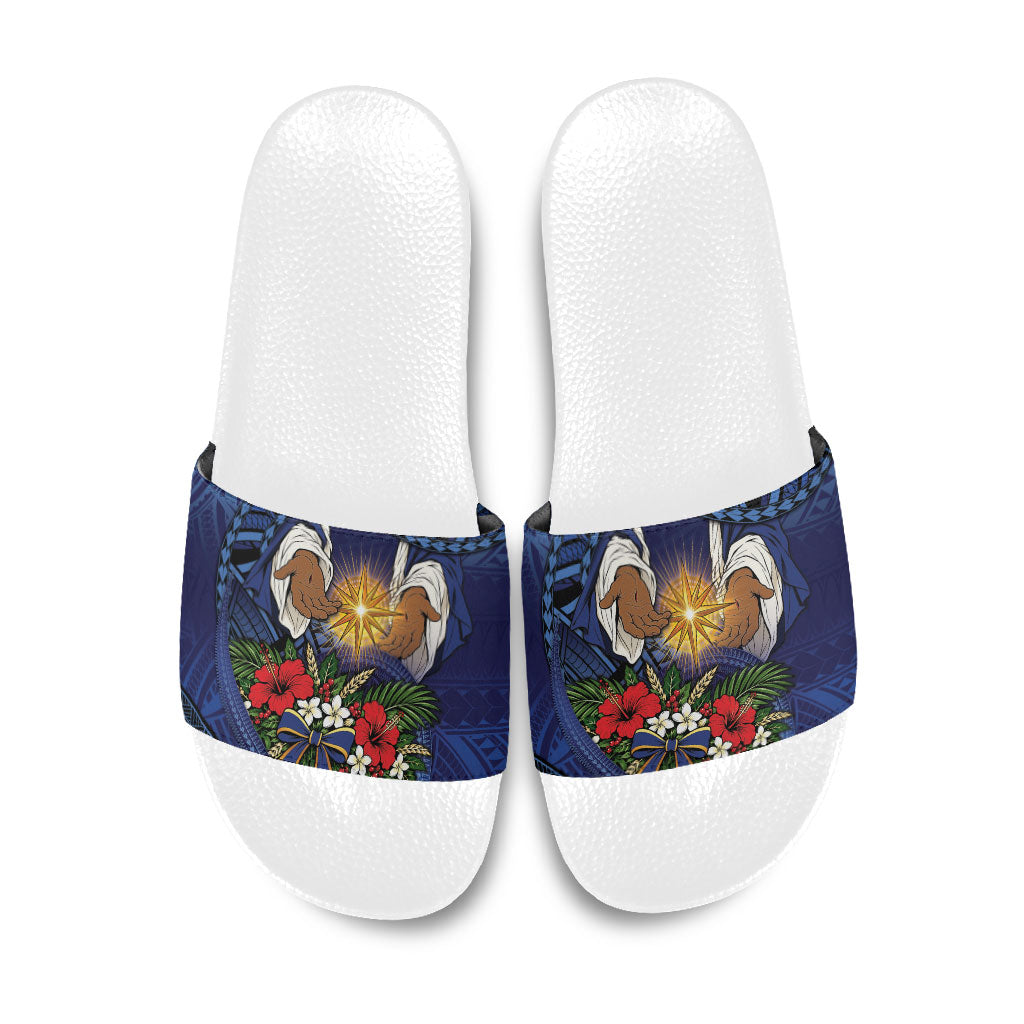 Samoa Manuia Le Kerisimasi Slide Sandals Jesus Hands Bethlehem Star Hibiscus DT05 Navy - Polynesian Pride