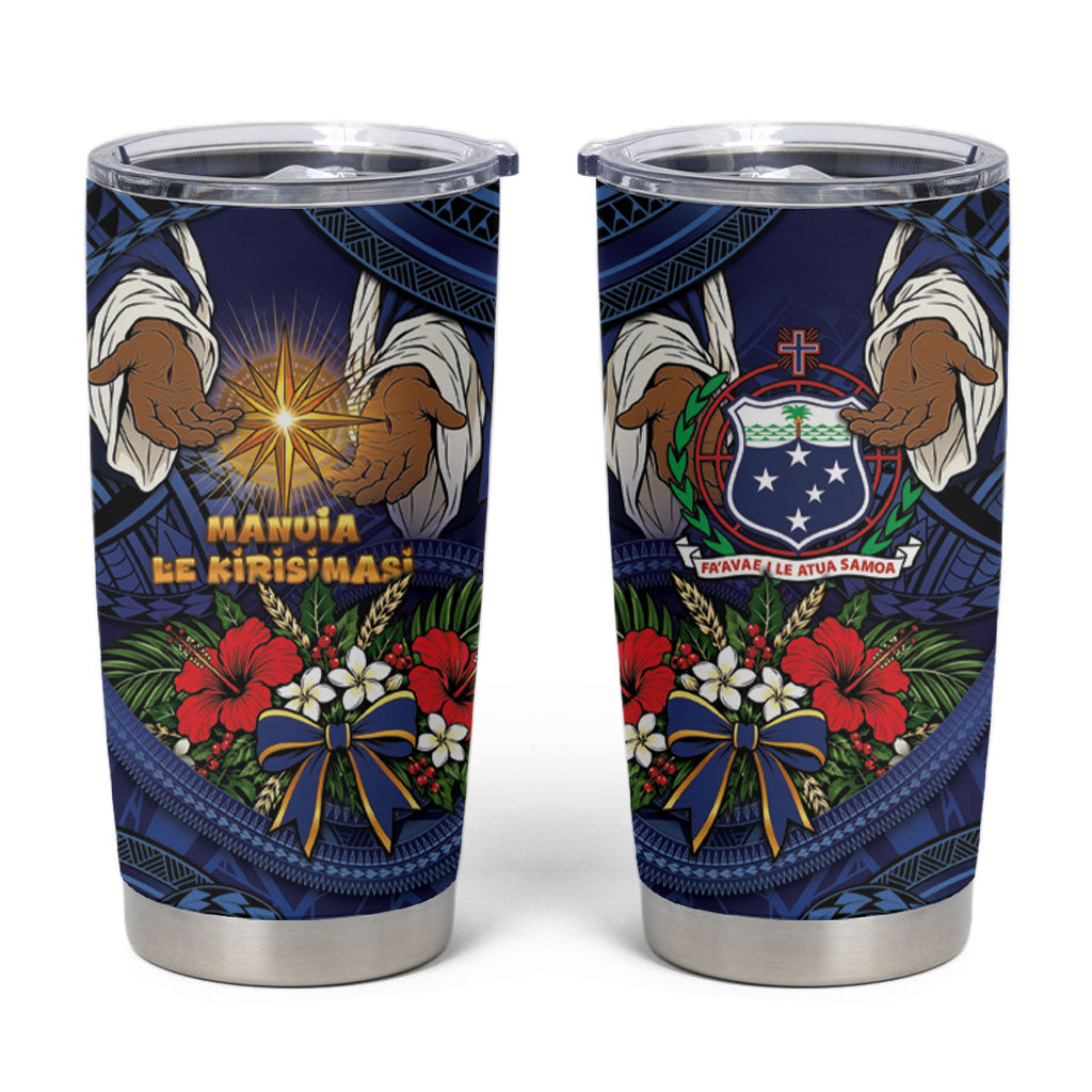 Samoa Manuia Le Kerisimasi Tumbler Cup Jesus Hands Bethlehem Star Hibiscus DT05 Navy - Polynesian Pride