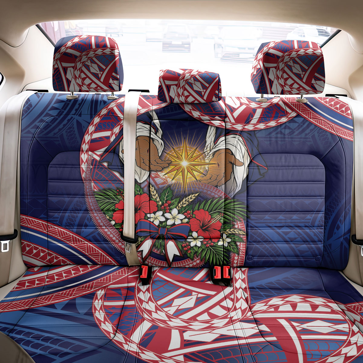 American Samoa Manuia Le Kerisimasi Back Car Seat Cover Jesus Hands Bethlehem Star Hibiscus DT05 - Polynesian Pride