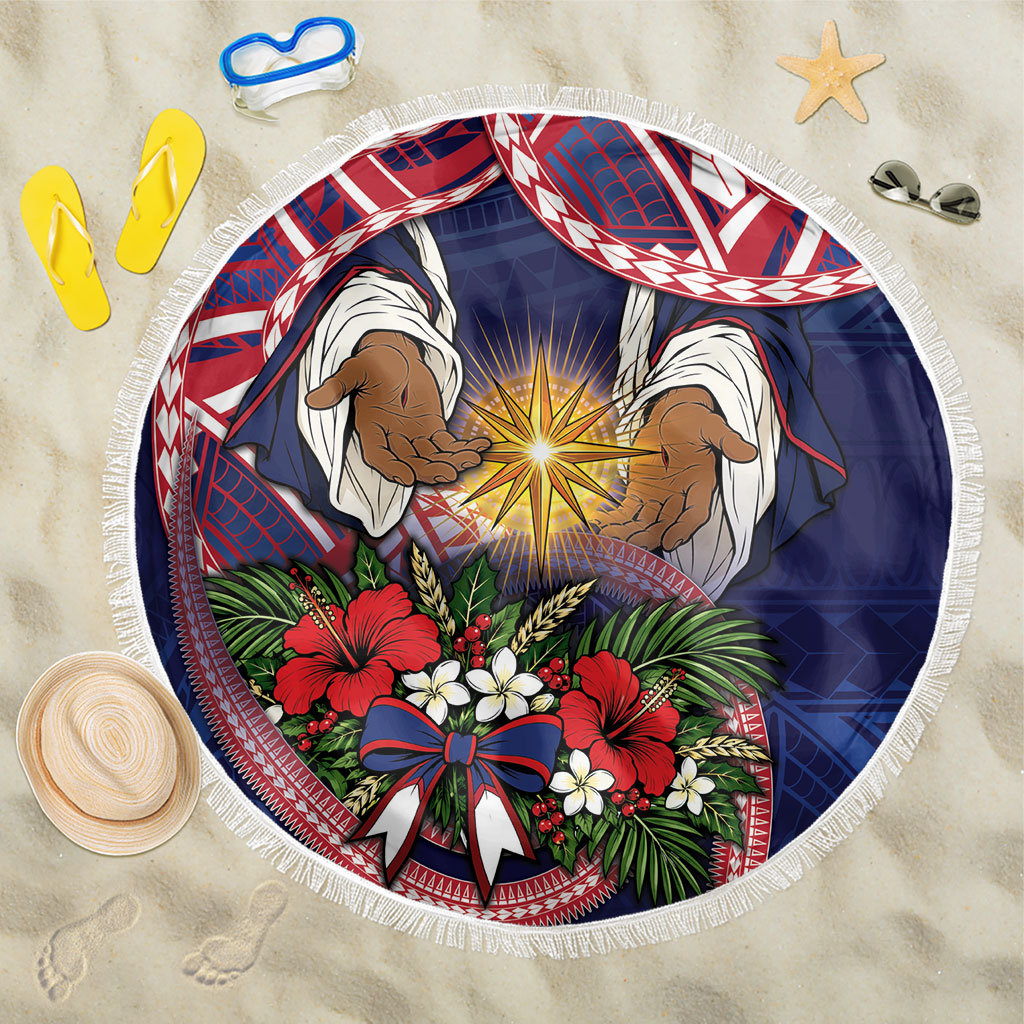 American Samoa Manuia Le Kerisimasi Beach Blanket Jesus Hands Bethlehem Star Hibiscus DT05 One Size 150cm Navy - Polynesian Pride