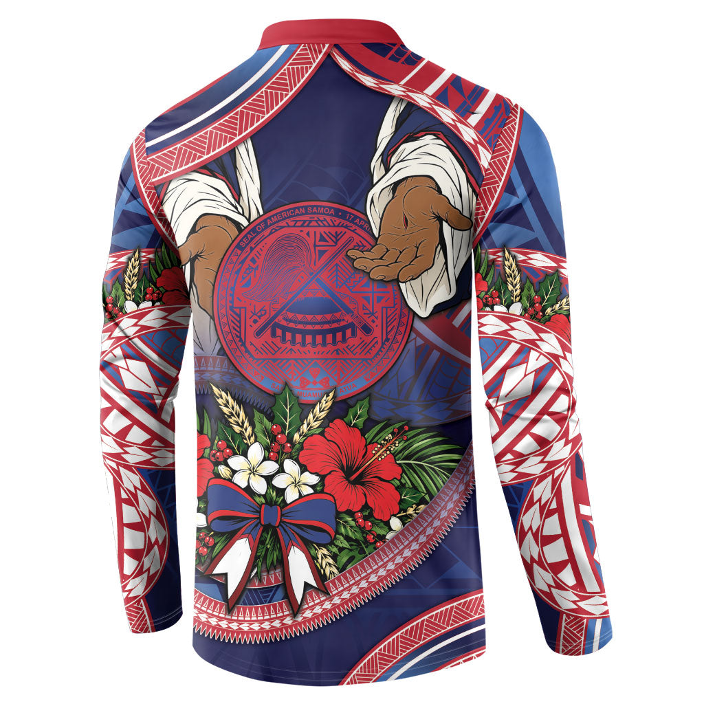 American Samoa Manuia Le Kerisimasi Button Sweatshirt Jesus Hands Bethlehem Star Hibiscus DT05 - Polynesian Pride