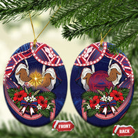 American Samoa Manuia Le Kerisimasi Ceramic Ornament Jesus Hands Bethlehem Star Hibiscus DT05 Oval Navy - Polynesian Pride