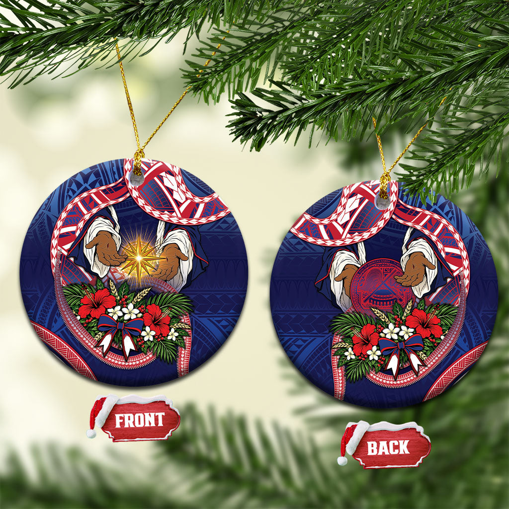 American Samoa Manuia Le Kerisimasi Ceramic Ornament Jesus Hands Bethlehem Star Hibiscus DT05 Circle Navy - Polynesian Pride