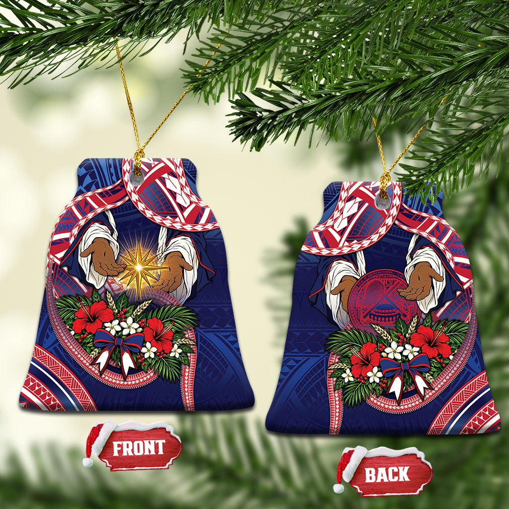 American Samoa Manuia Le Kerisimasi Ceramic Ornament Jesus Hands Bethlehem Star Hibiscus DT05 Bell Flake Navy - Polynesian Pride