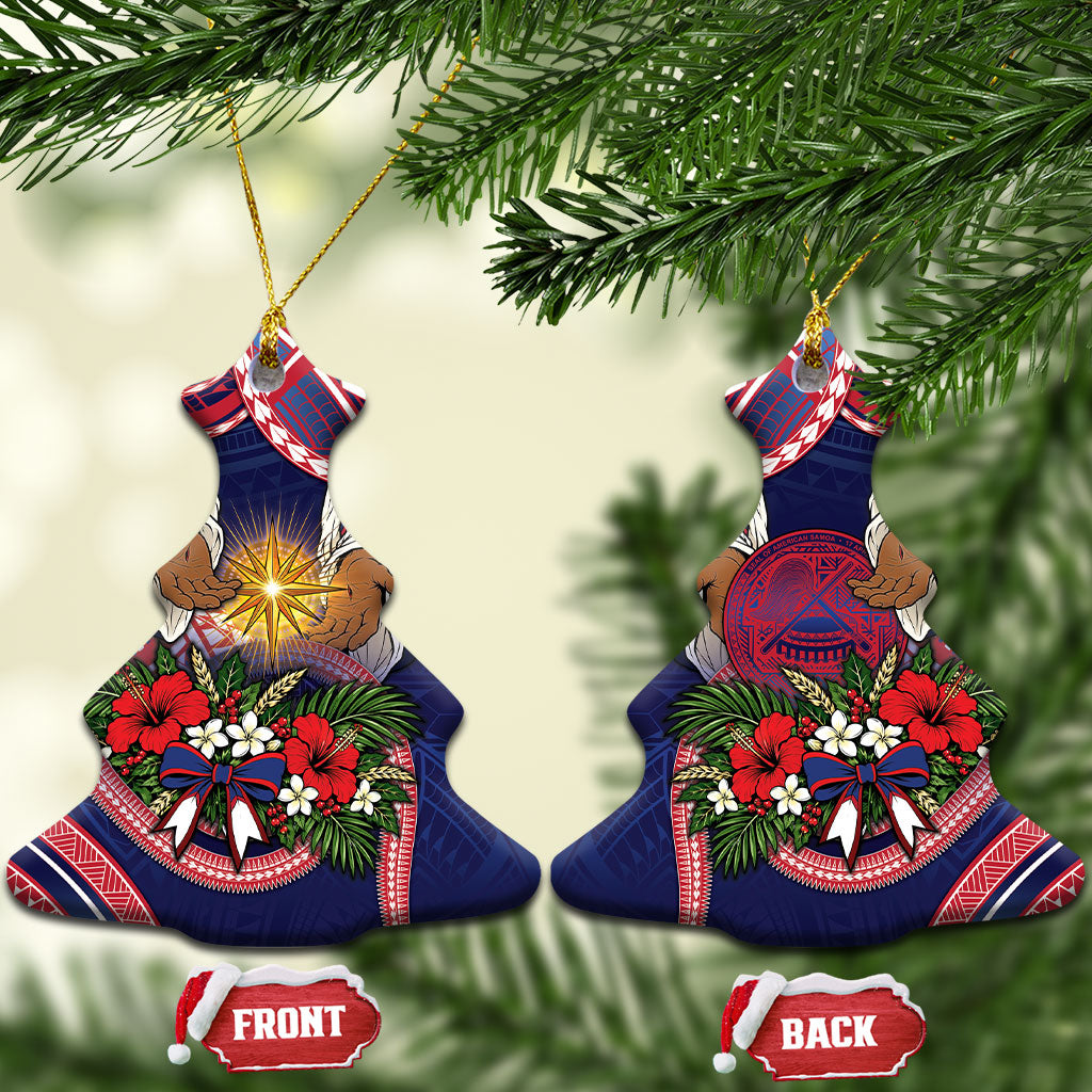 American Samoa Manuia Le Kerisimasi Ceramic Ornament Jesus Hands Bethlehem Star Hibiscus DT05 Christmas Tree Navy - Polynesian Pride