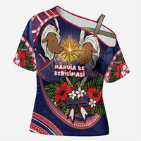 American Samoa Manuia Le Kerisimasi Cross Shoulder Shirt Jesus Hands Bethlehem Star Hibiscus DT05 Female Navy - Polynesian Pride