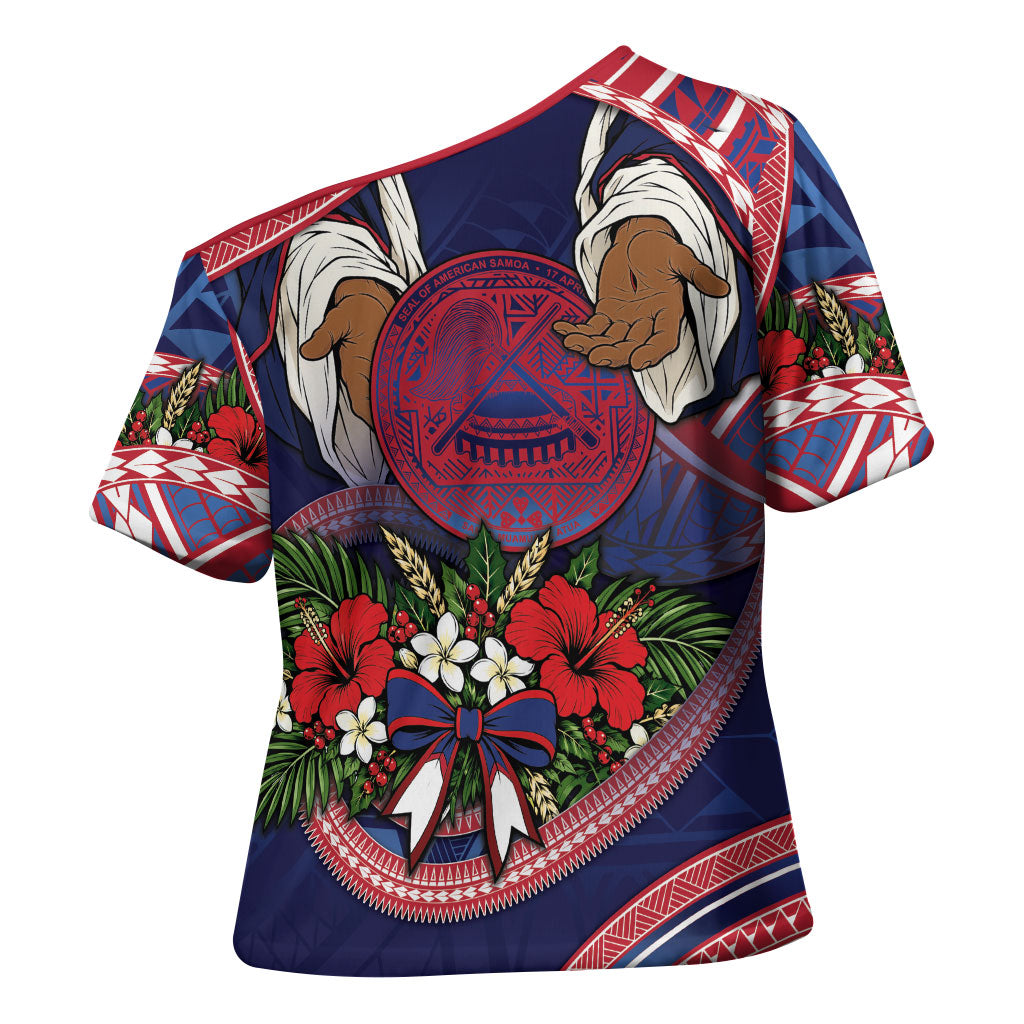 American Samoa Manuia Le Kerisimasi Cross Shoulder Shirt Jesus Hands Bethlehem Star Hibiscus DT05 - Polynesian Pride