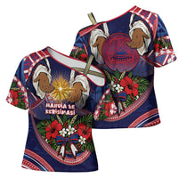 American Samoa Manuia Le Kerisimasi Cross Shoulder Shirt Jesus Hands Bethlehem Star Hibiscus DT05 - Polynesian Pride