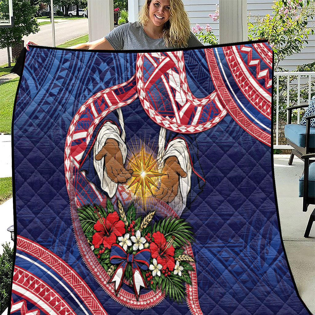 American Samoa Manuia Le Kerisimasi Quilt Jesus Hands Bethlehem Star Hibiscus DT05 Navy - Polynesian Pride