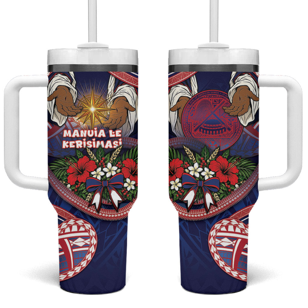 American Samoa Manuia Le Kerisimasi Tumbler With Handle Jesus Hands Bethlehem Star Hibiscus DT05 One Size: 40 oz Navy - Polynesian Pride