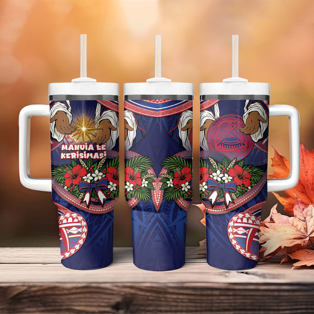 American Samoa Manuia Le Kerisimasi Tumbler With Handle Jesus Hands Bethlehem Star Hibiscus DT05 - Polynesian Pride
