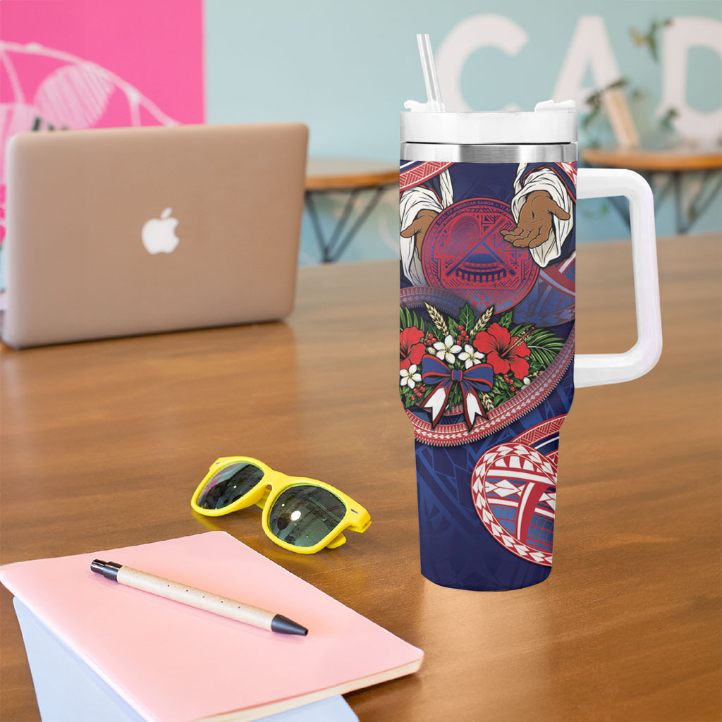 American Samoa Manuia Le Kerisimasi Tumbler With Handle Jesus Hands Bethlehem Star Hibiscus DT05 - Polynesian Pride