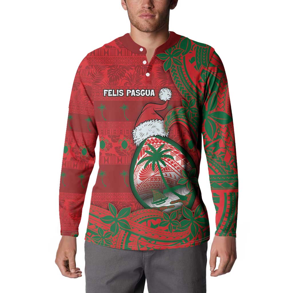 Guam Christmas Button Sweatshirt Chamorro Seal Hat Santa Tribal Waves - Polynesian Pride