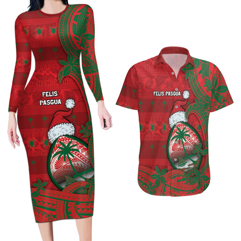 Guam Christmas Couples Matching Long Sleeve Bodycon Dress and Hawaiian Shirt Chamorro Seal Hat Santa Tribal Waves DT05 Red - Polynesian Pride
