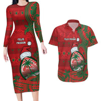 Guam Christmas Couples Matching Long Sleeve Bodycon Dress and Hawaiian Shirt Chamorro Seal Hat Santa Tribal Waves DT05 Red - Polynesian Pride