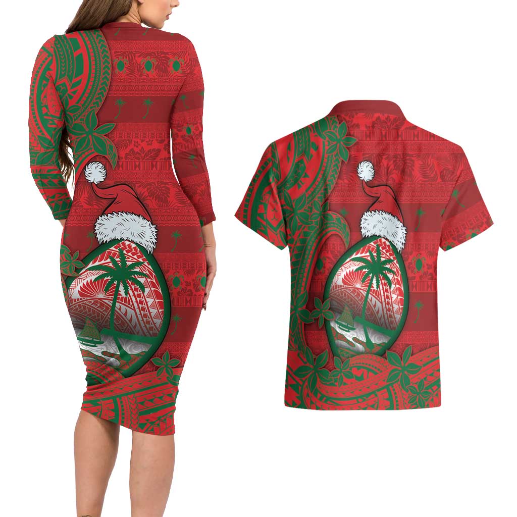 Guam Christmas Couples Matching Long Sleeve Bodycon Dress and Hawaiian Shirt Chamorro Seal Hat Santa Tribal Waves DT05 - Polynesian Pride